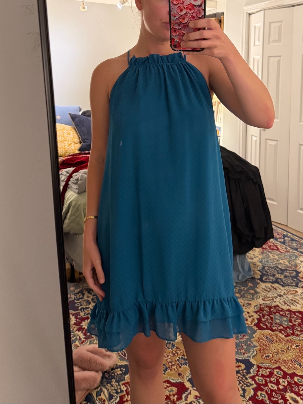 BCBGeneration Teal Halter Ruffle Hem Mini Dress